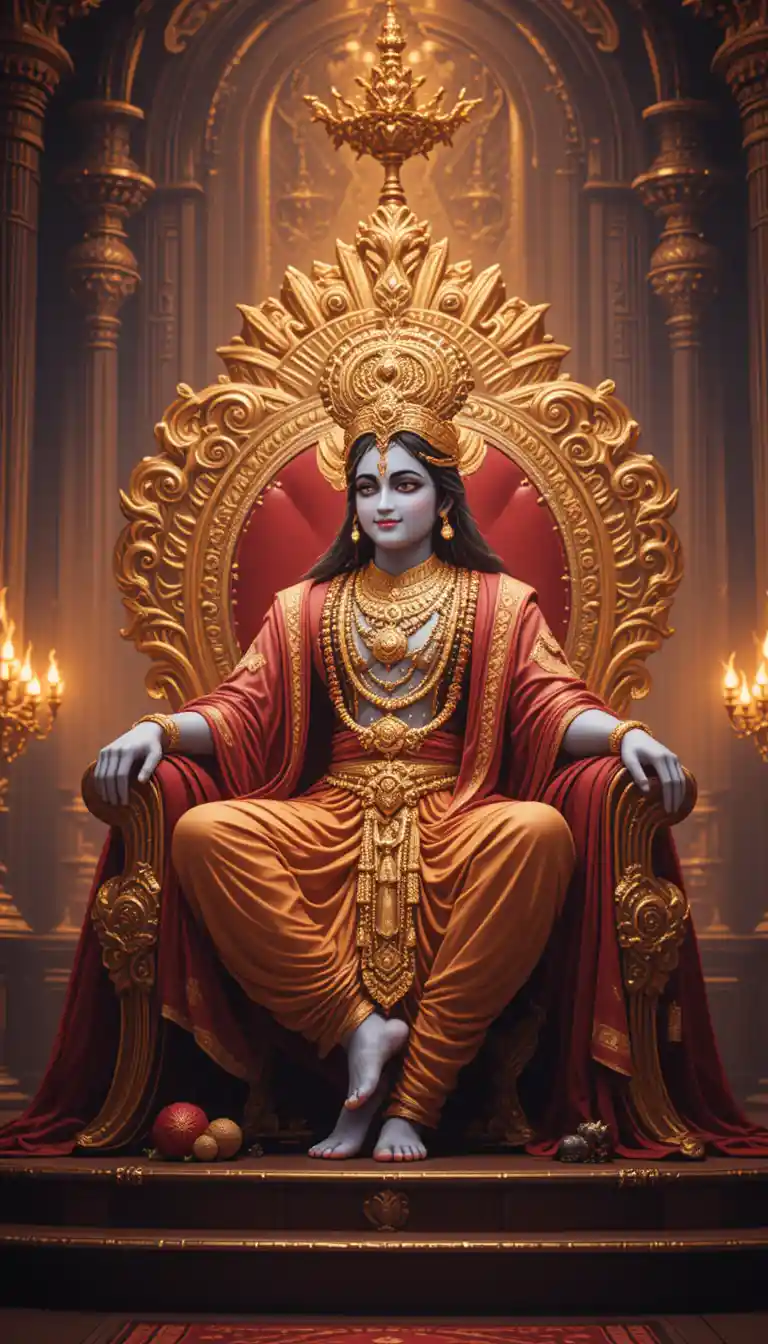 Krishna seated as king of Dwarka on a golden throne