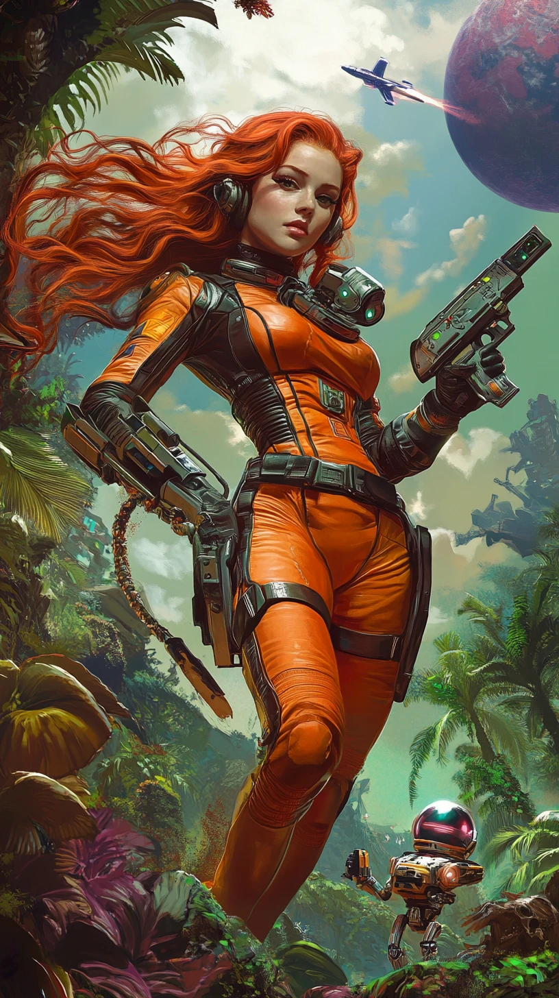 Futuristic space woman with ray gun on alien jungle world