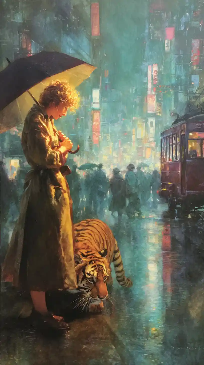 Woman And Tiger On Neon Lit Tokyo Street At Night