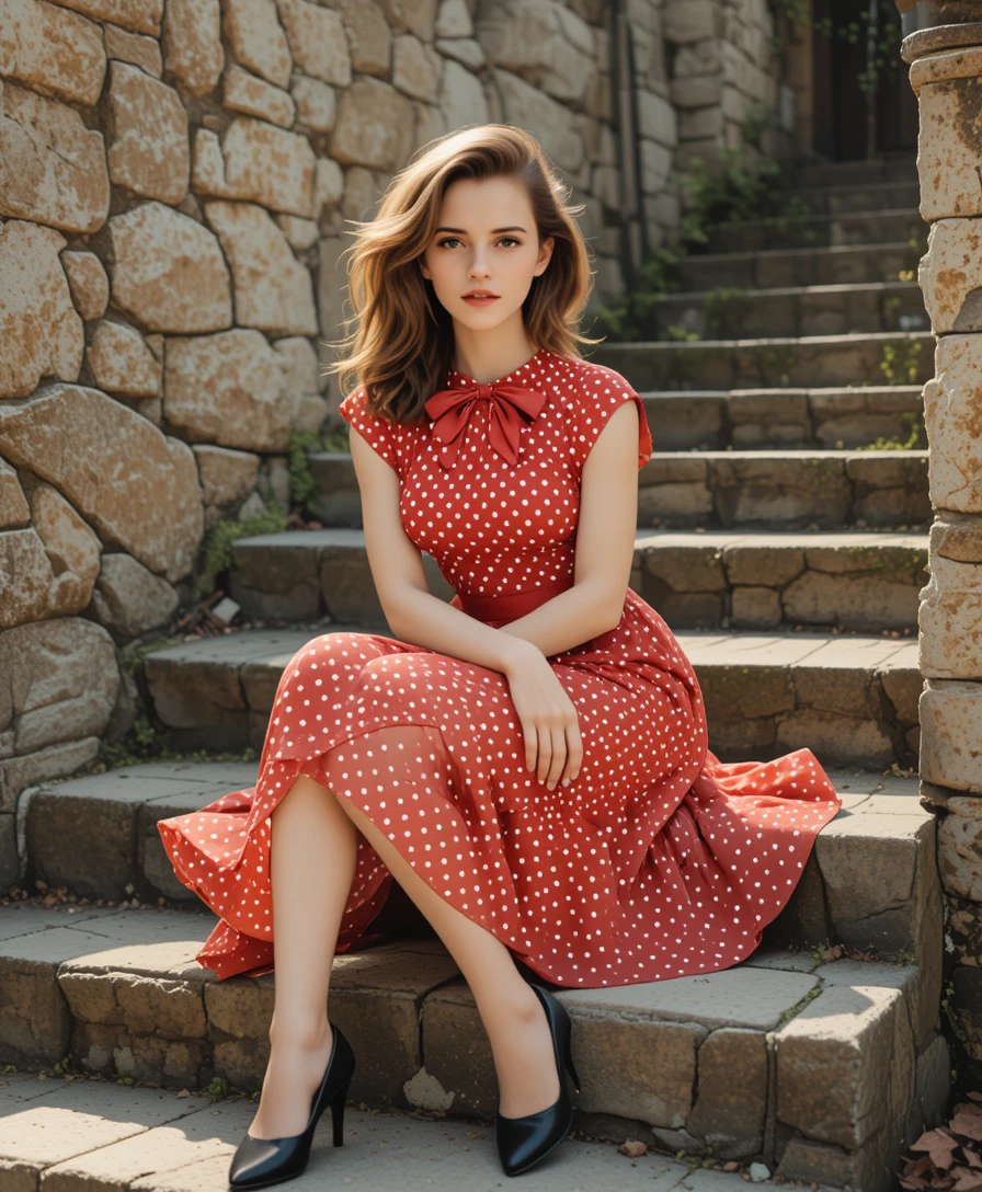 Elegante donna in abito rosso su gradini di pietra muschiosi