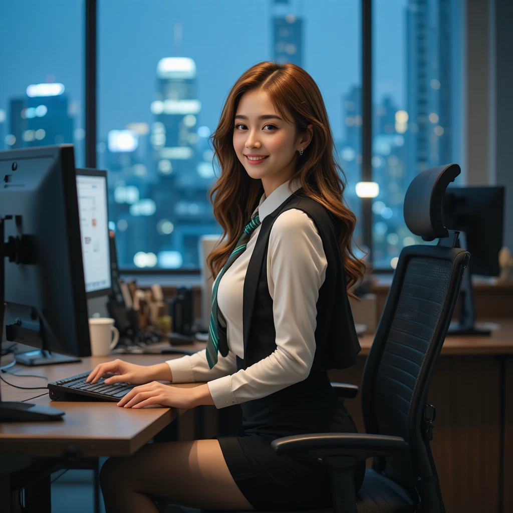 Koreanische Büroangestellte, die nachts entspannt auf ihrem Stuhl sitzt