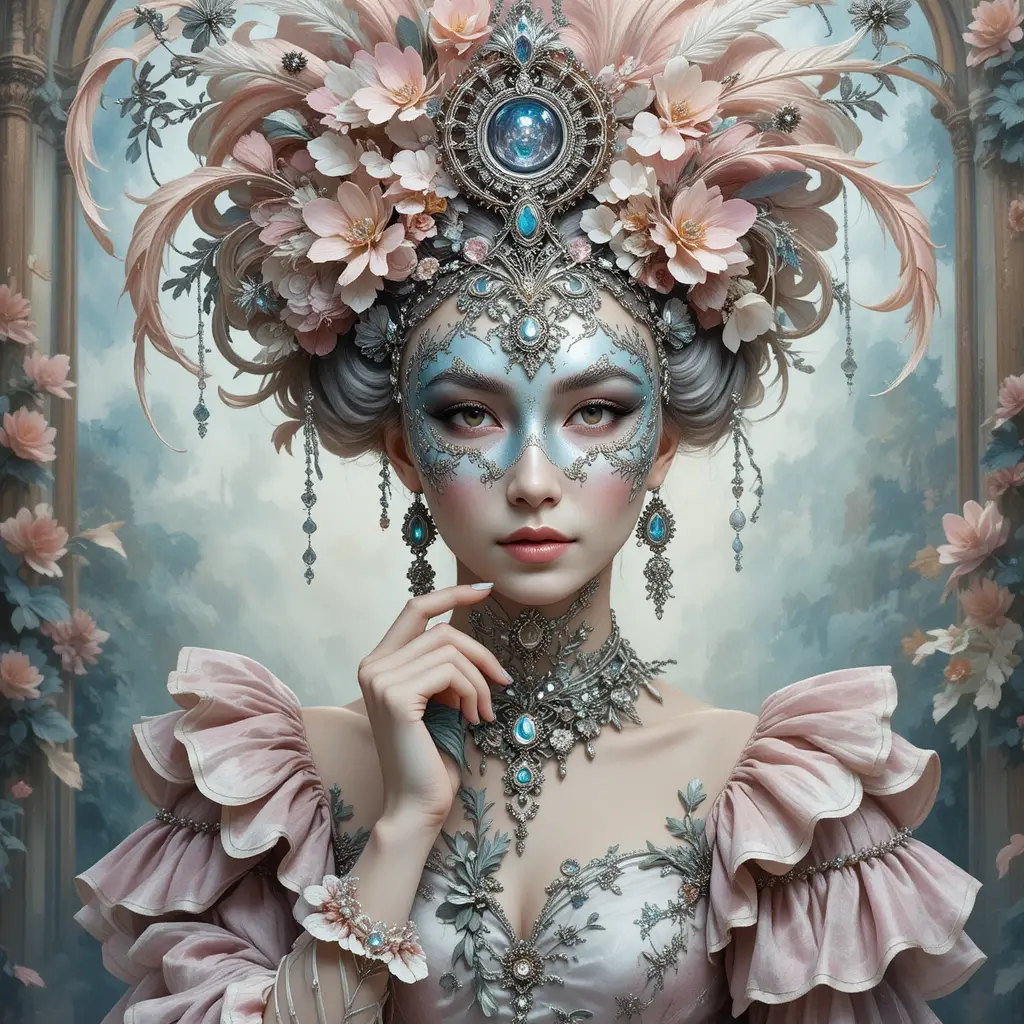 Masked carnival queen in pastel silk gown and pouf hair