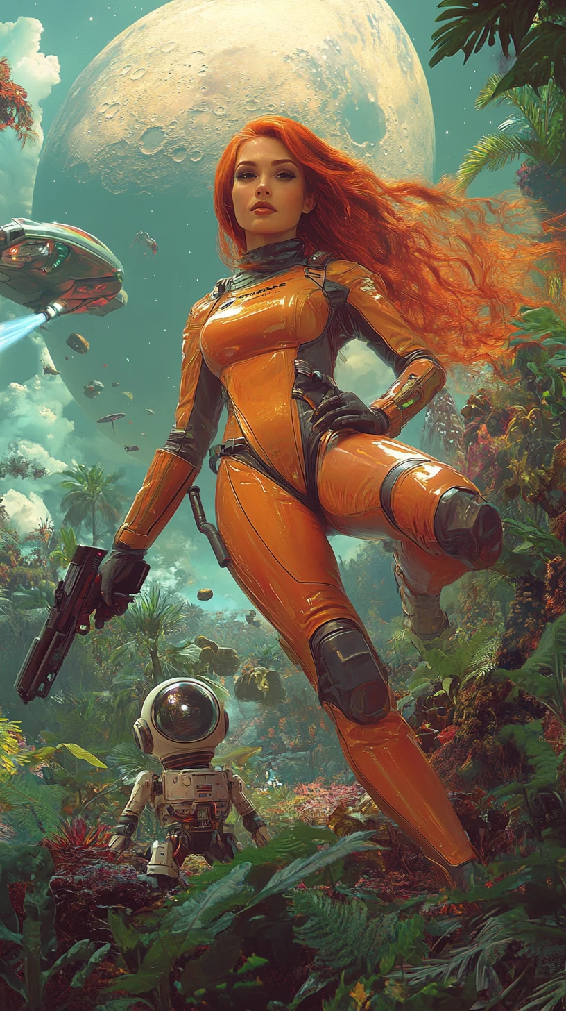 Futuristic space woman with ray gun on jungle planet