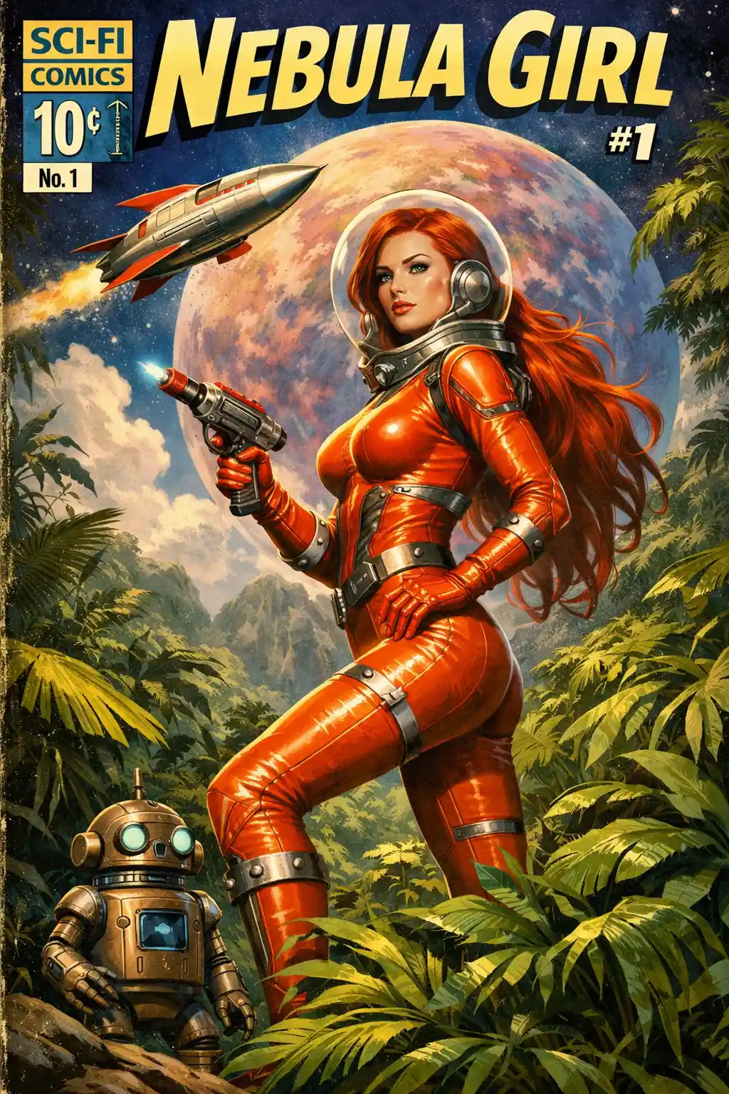 Heroína espacial retro en la jungla con pistola de rayos y robot