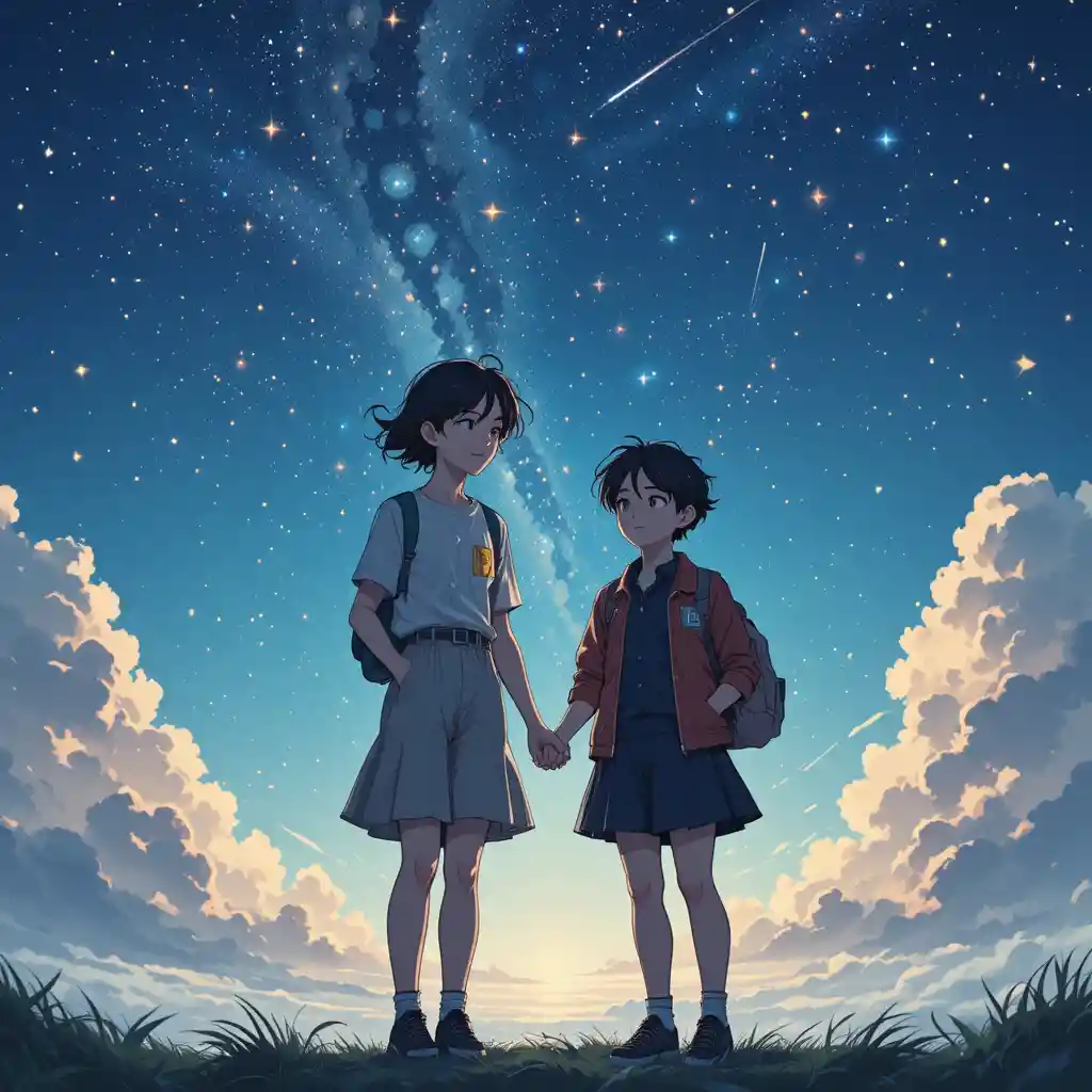Studenti anime sotto un cielo stellato con meteore cadenti