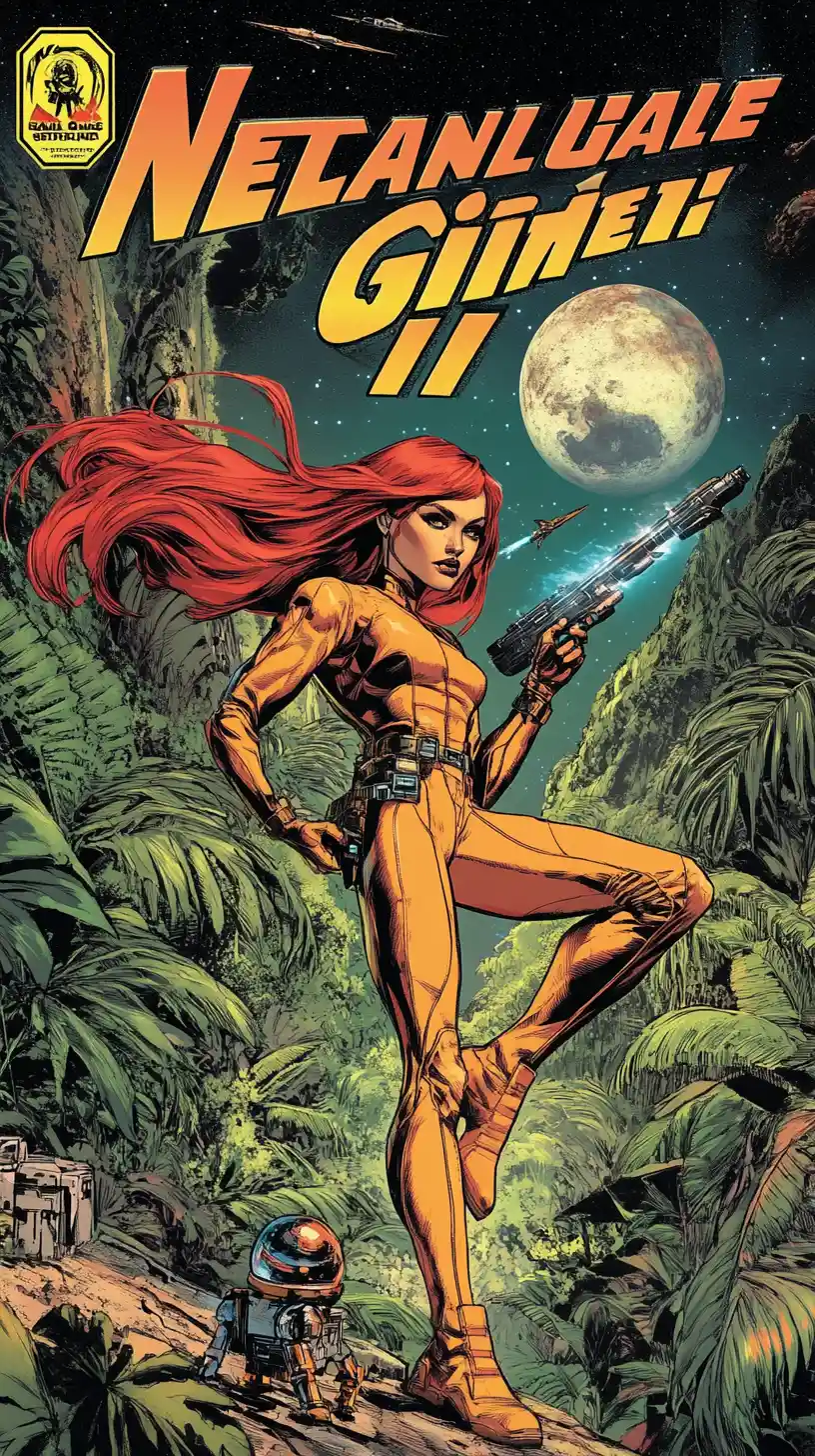 Heroína retro de ciencia ficción en la jungla con pistola de rayos