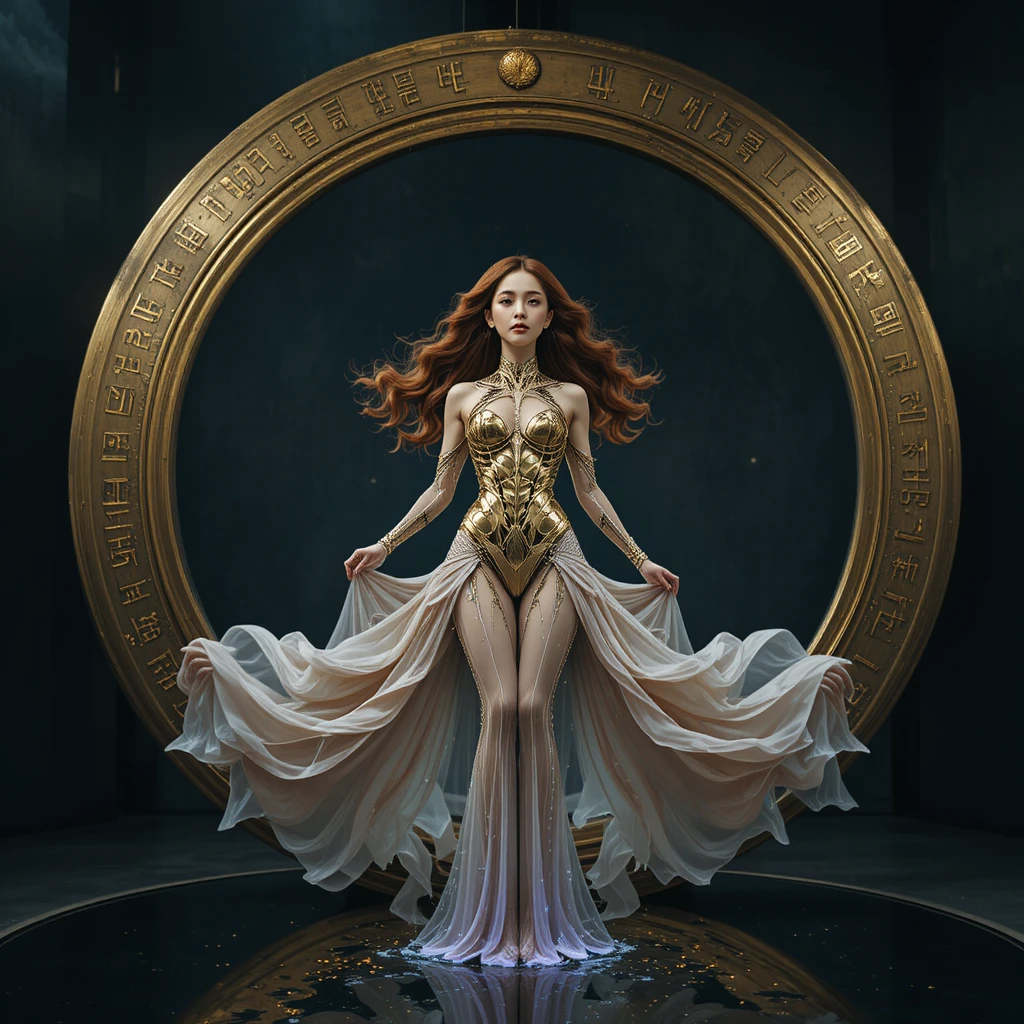 Donna coreana che fluttua in un abito esoscheletro smeraldo e oro