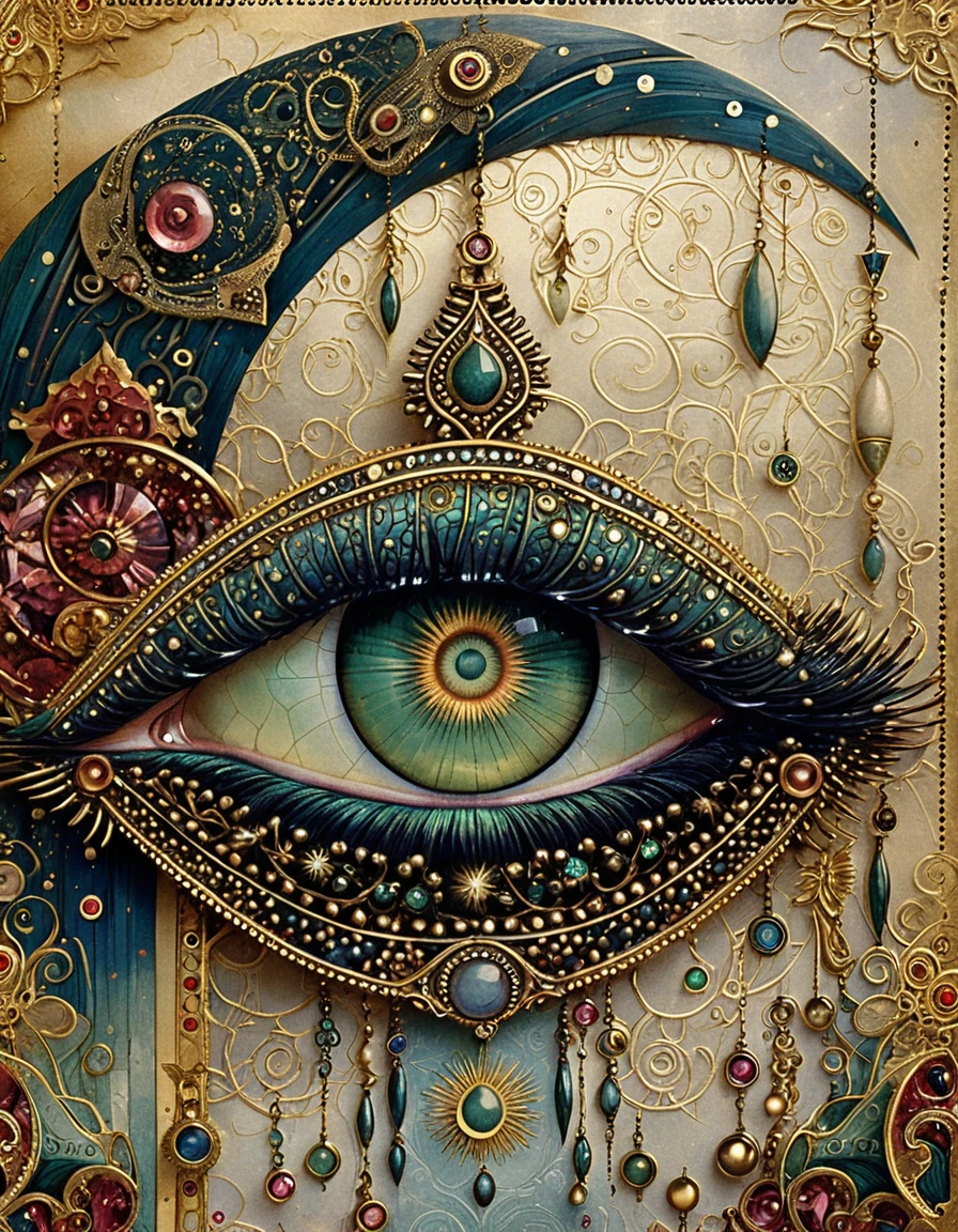 Ilustração mística de olho turquesa com detalhes Art Nouveau joalhados