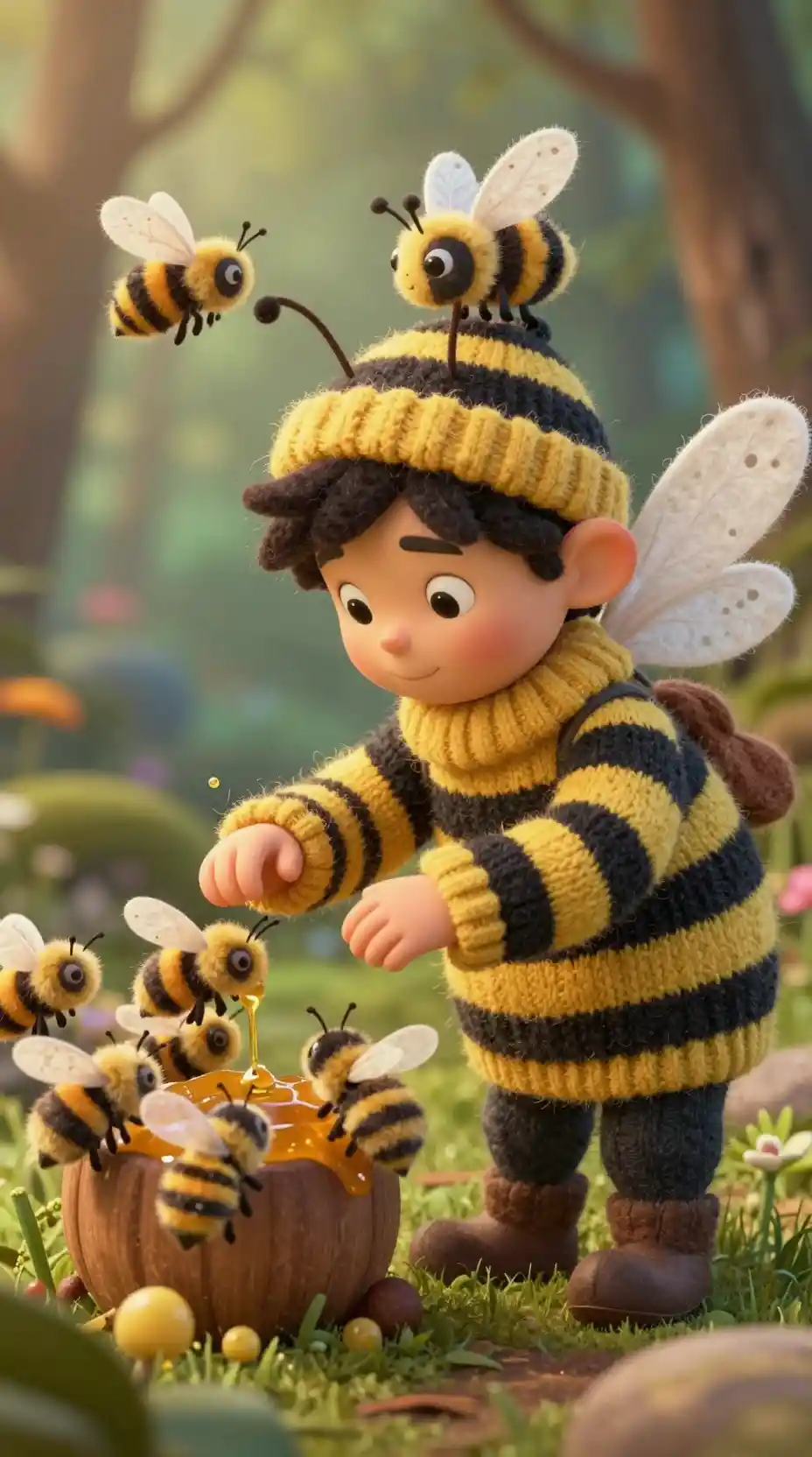 Gentle elf in bee costume helping bees gather honey