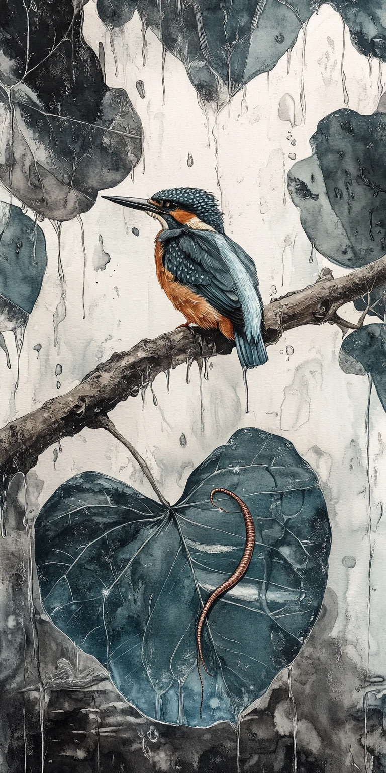 Surreal bird on twisted branch in gentle forest rain