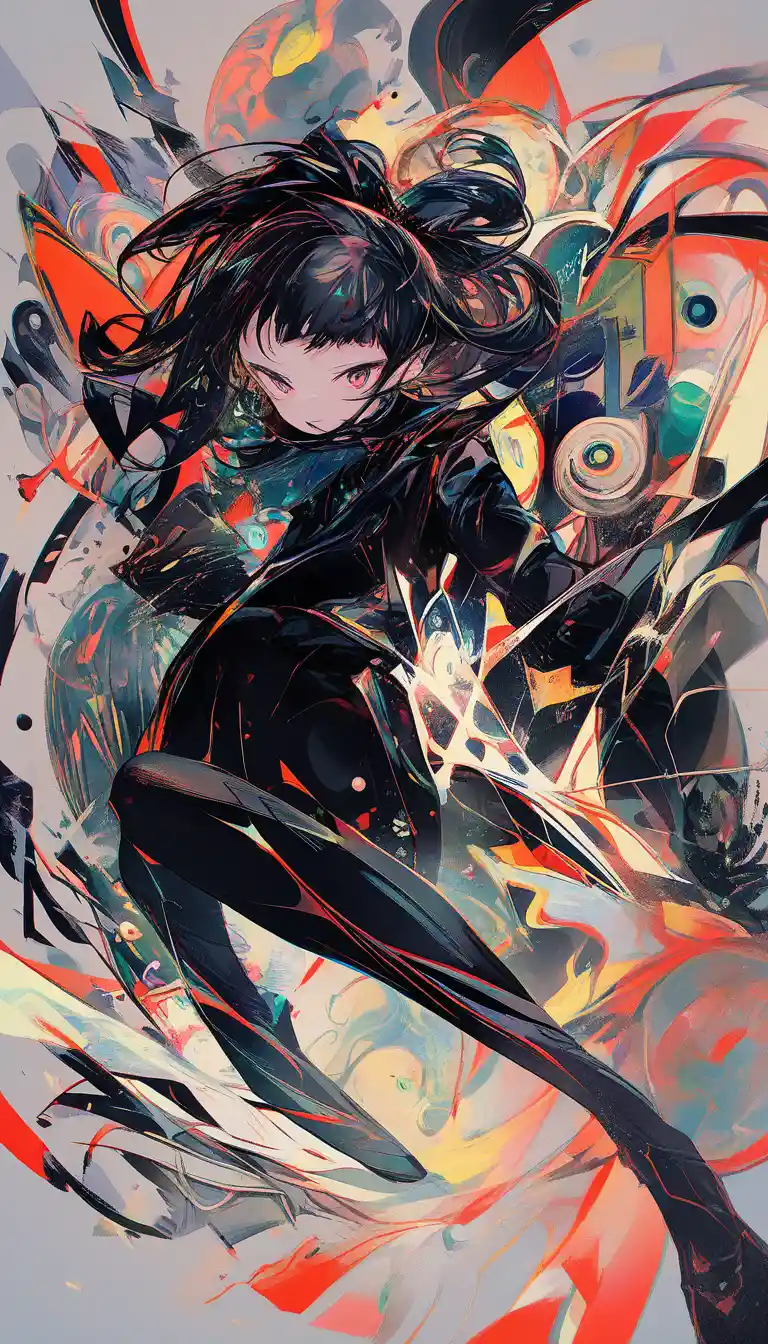 Fille d'anime surréaliste émergeant d’un vortex de rêve coloré