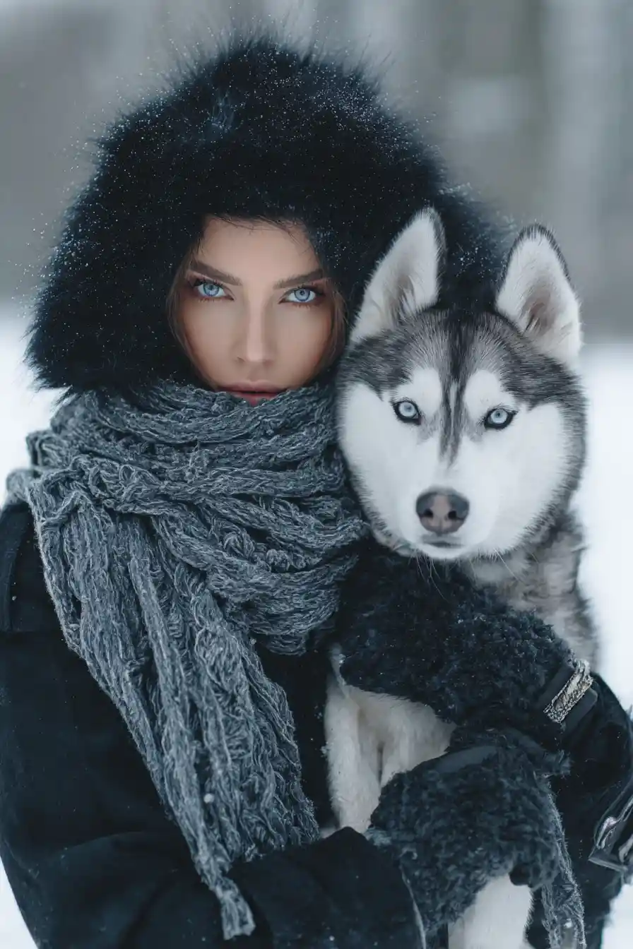 Elegant woman walking her husky on a winter morning