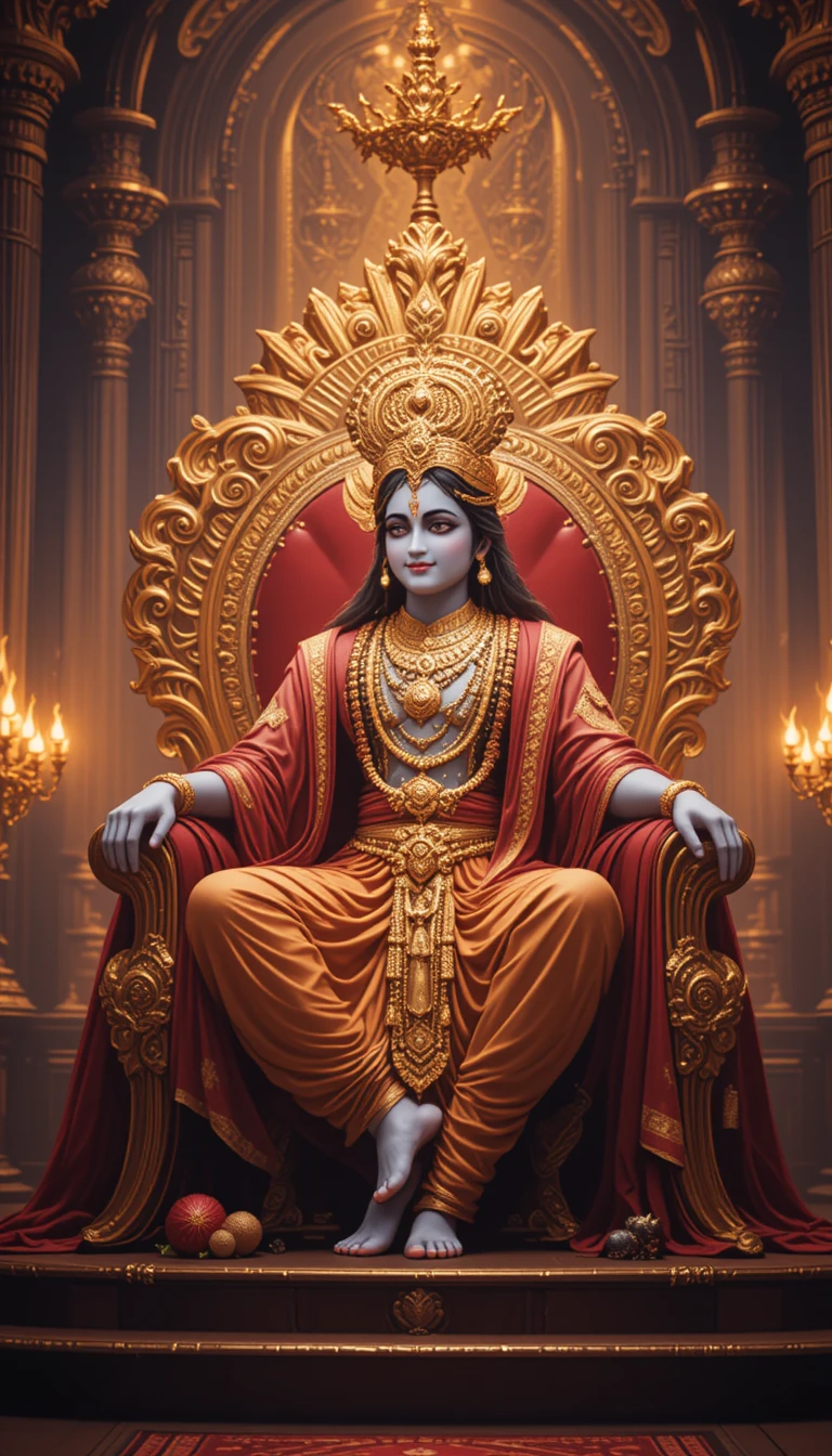 Krishna seated as king of Dwarka on a golden throne