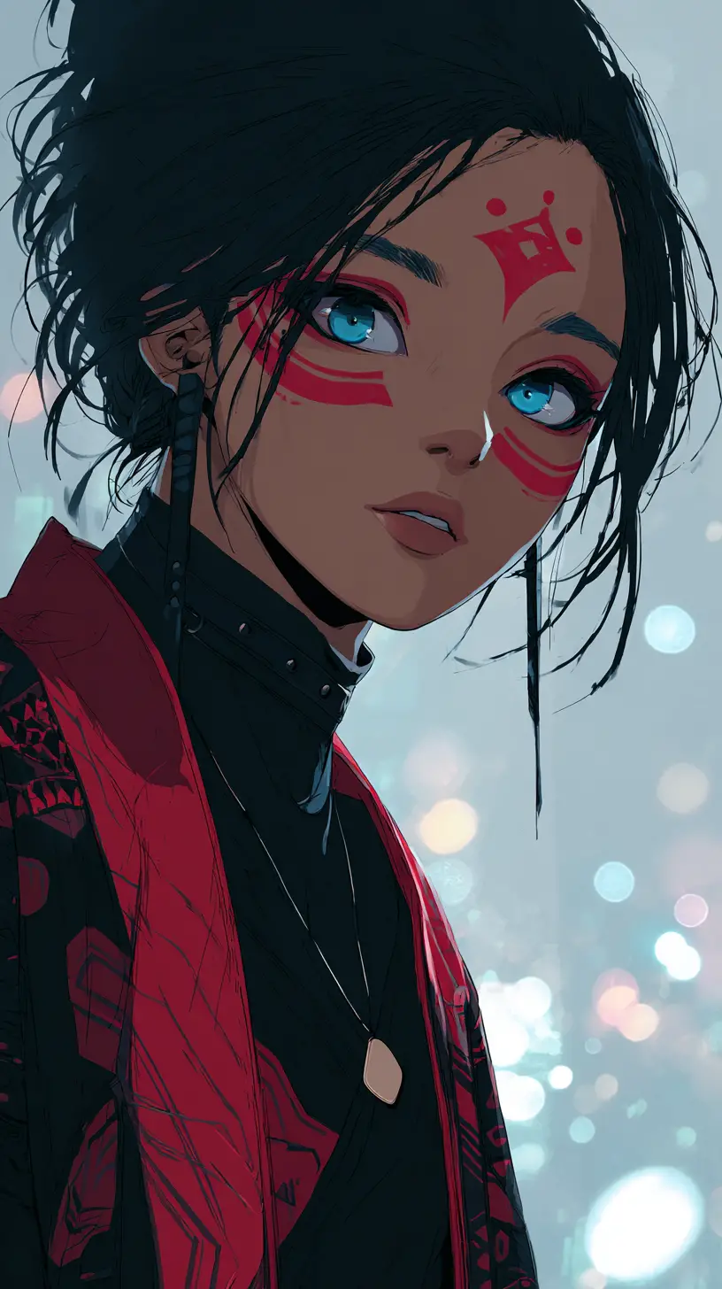 Futuristic anime girl with blue eyes and red kimono