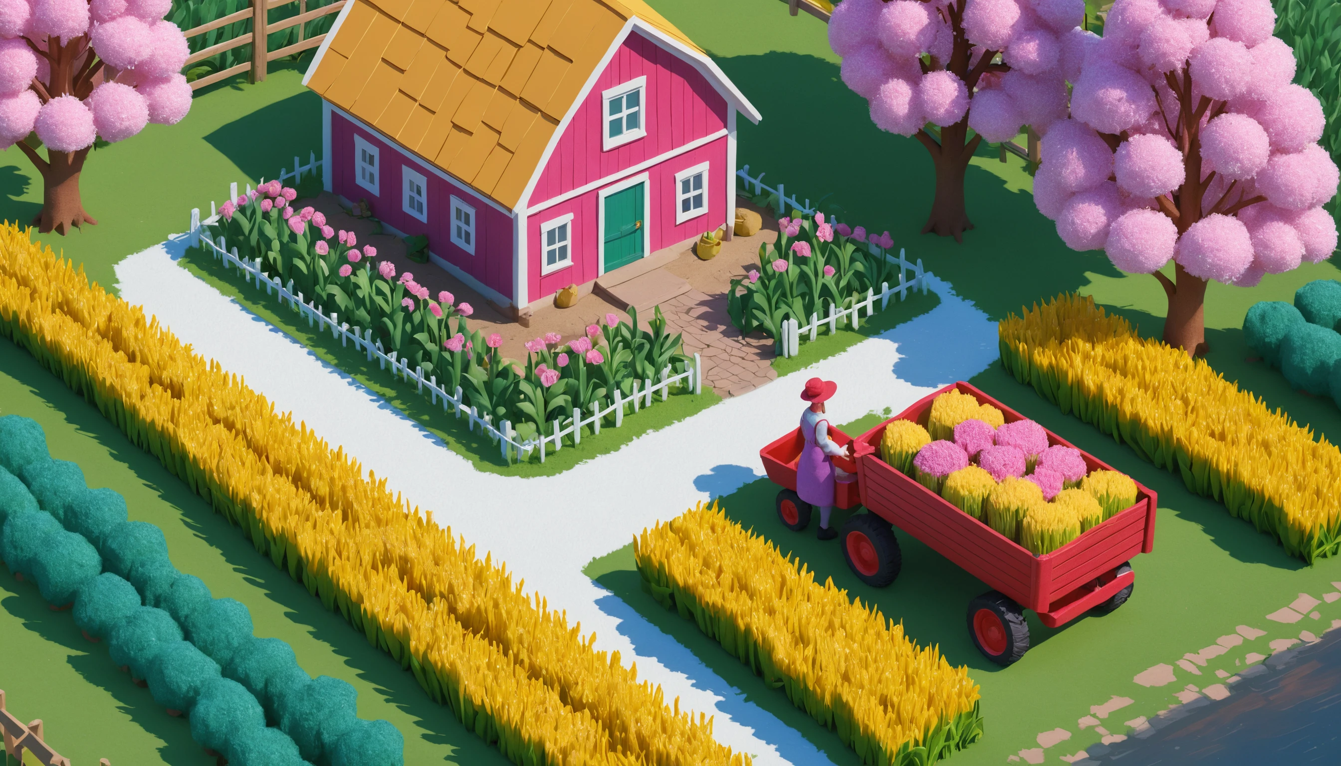 Colorful isometric farm with flower fields and barn