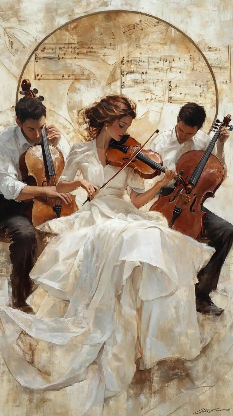Romantisches Gemälde eines Streichtrios mit Violine und Cello