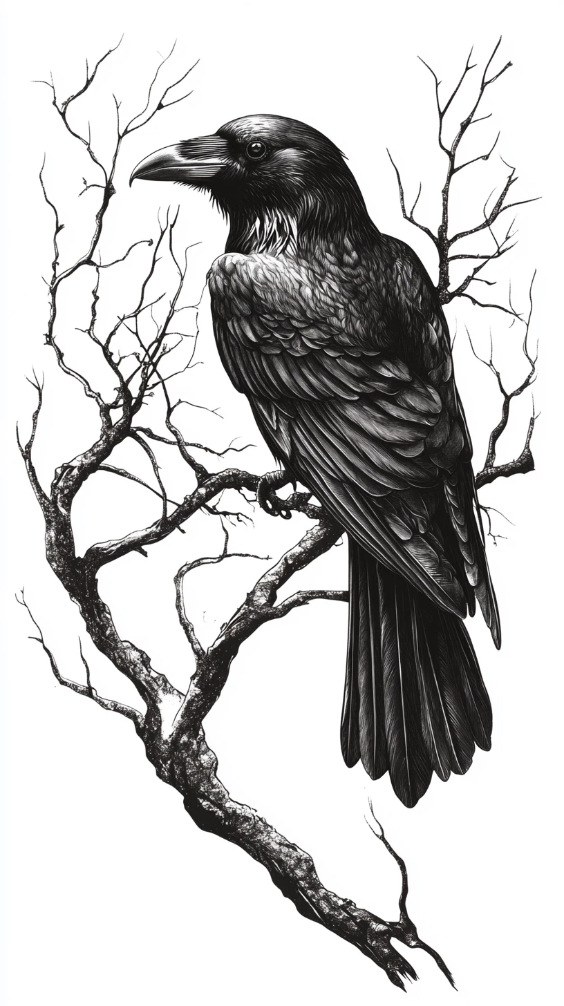Corvo su ramo contorto in illustrazione vettoriale monocromatica