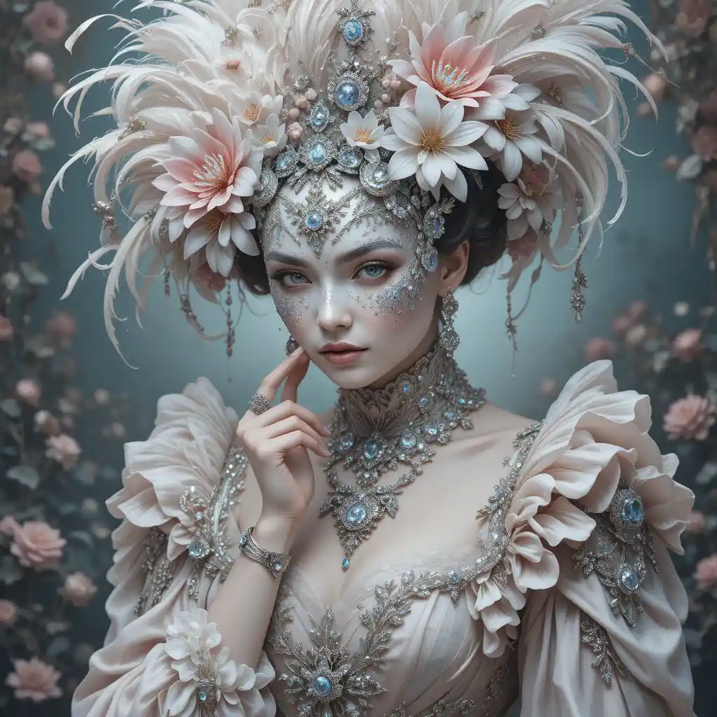 Masked carnival queen in ornate pastel silk gown