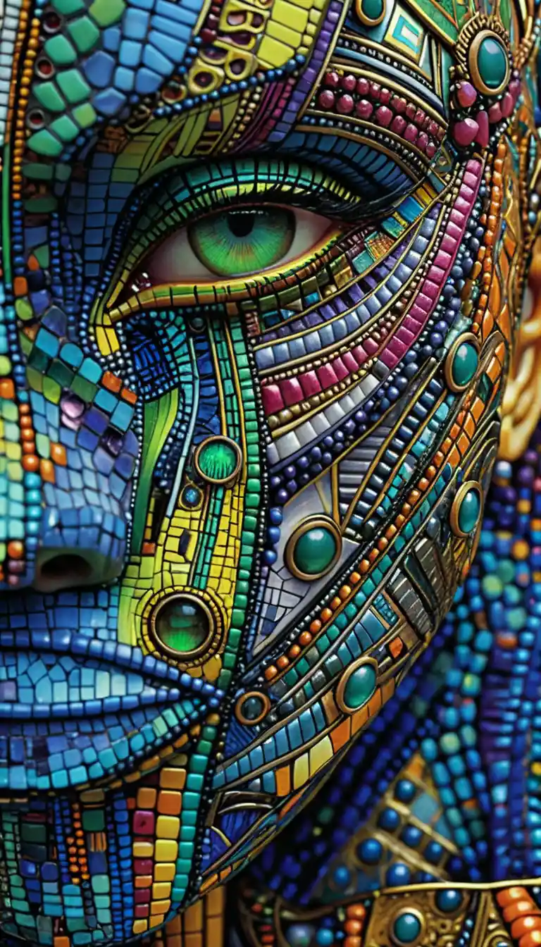 Extreme close up face with colorful geometric mosaic patterns