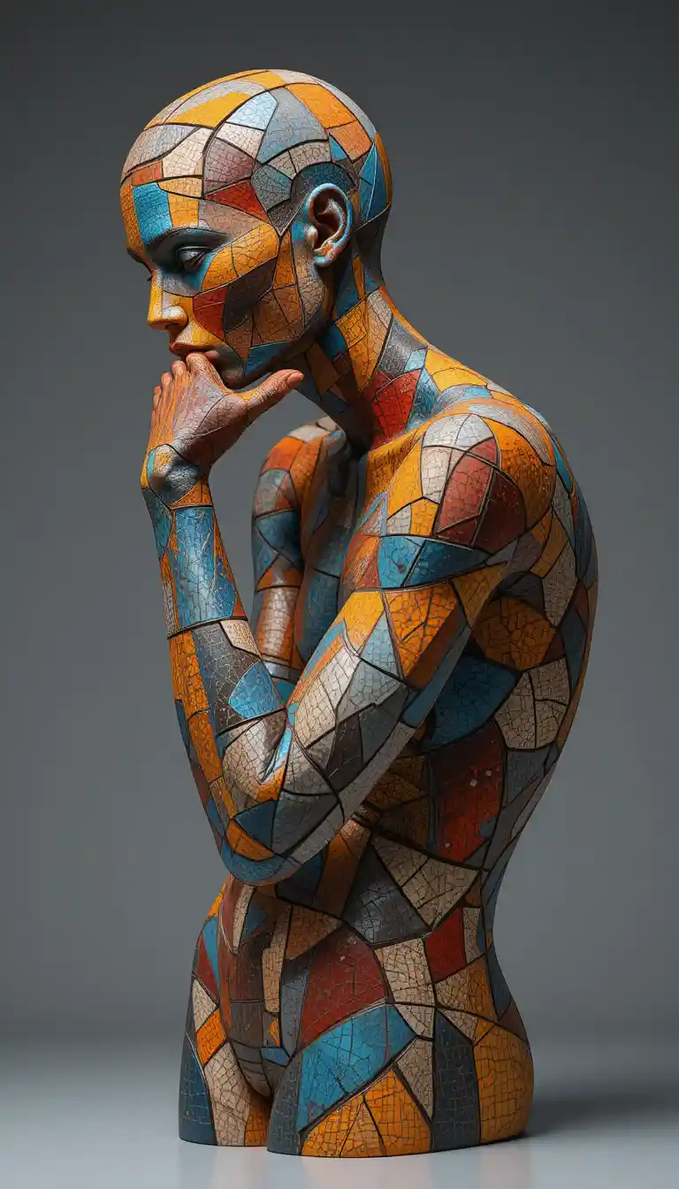 Abstract mosaic human sculpture in thoughtful close up view