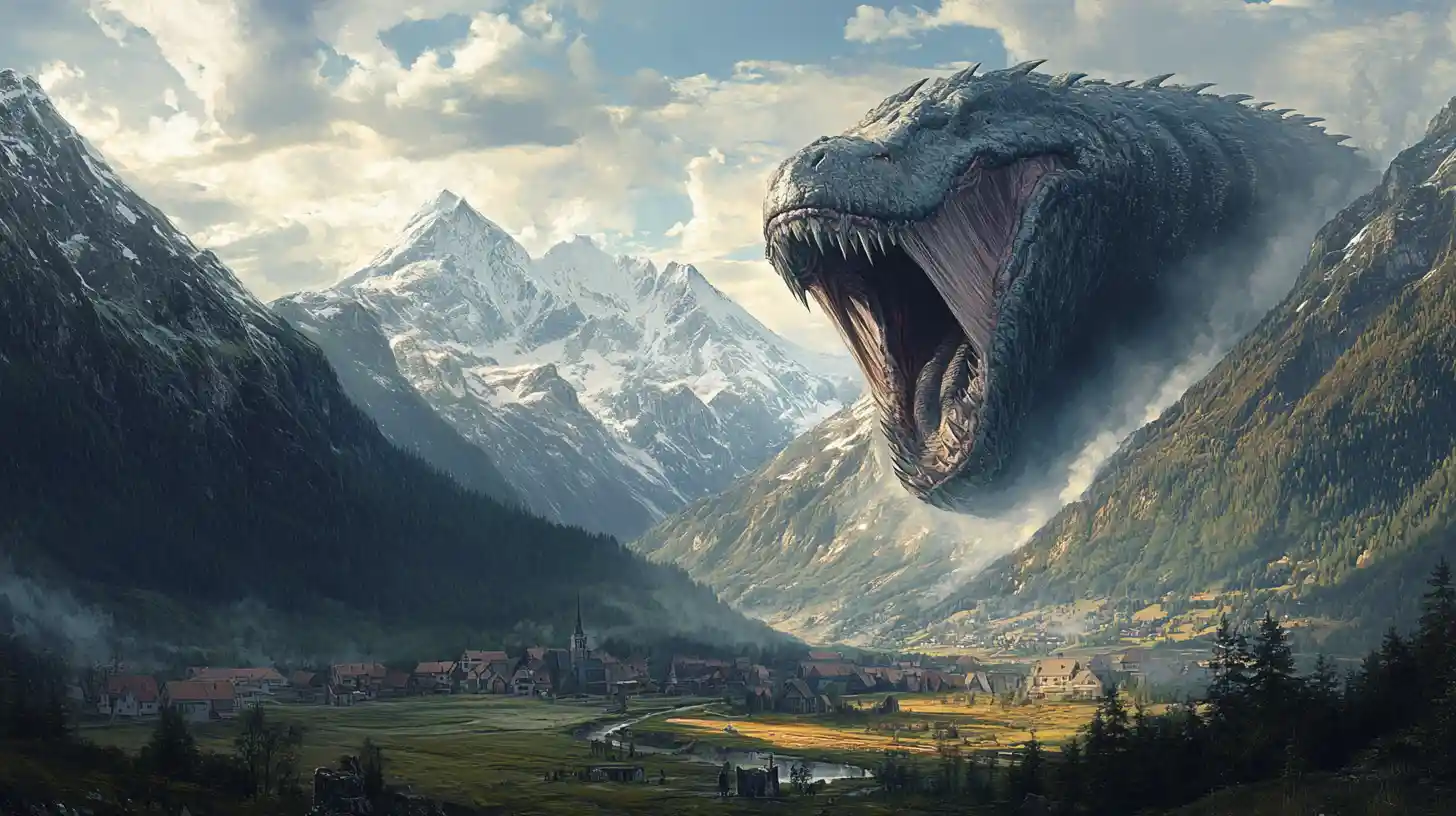Colossal Monster Maw Looming Over Quiet Mountain Valley
