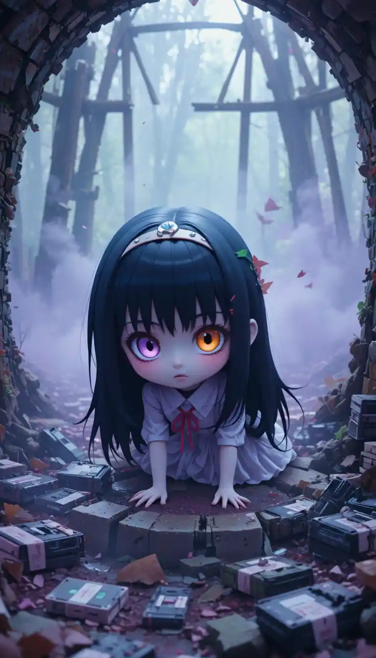 Niedliche Chibi-Horrorkreatur kriecht aus einem zerbrochenen verfluchten Brunnen