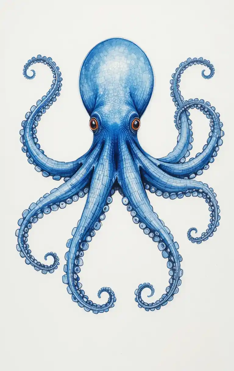 Blauer Aquarell-Oktopus mit fließend geschwungenen Tentakeln
