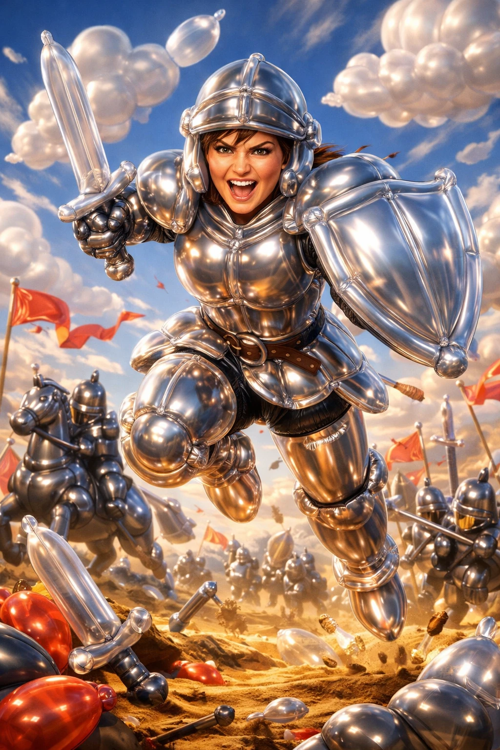 Cavaliere con armatura di palloncini che balza su un campo di battaglia fantasy