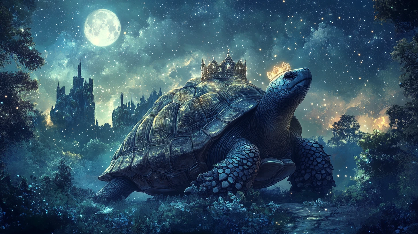 Majestuosa princesa tortuga caminando por un claro de bosque místico