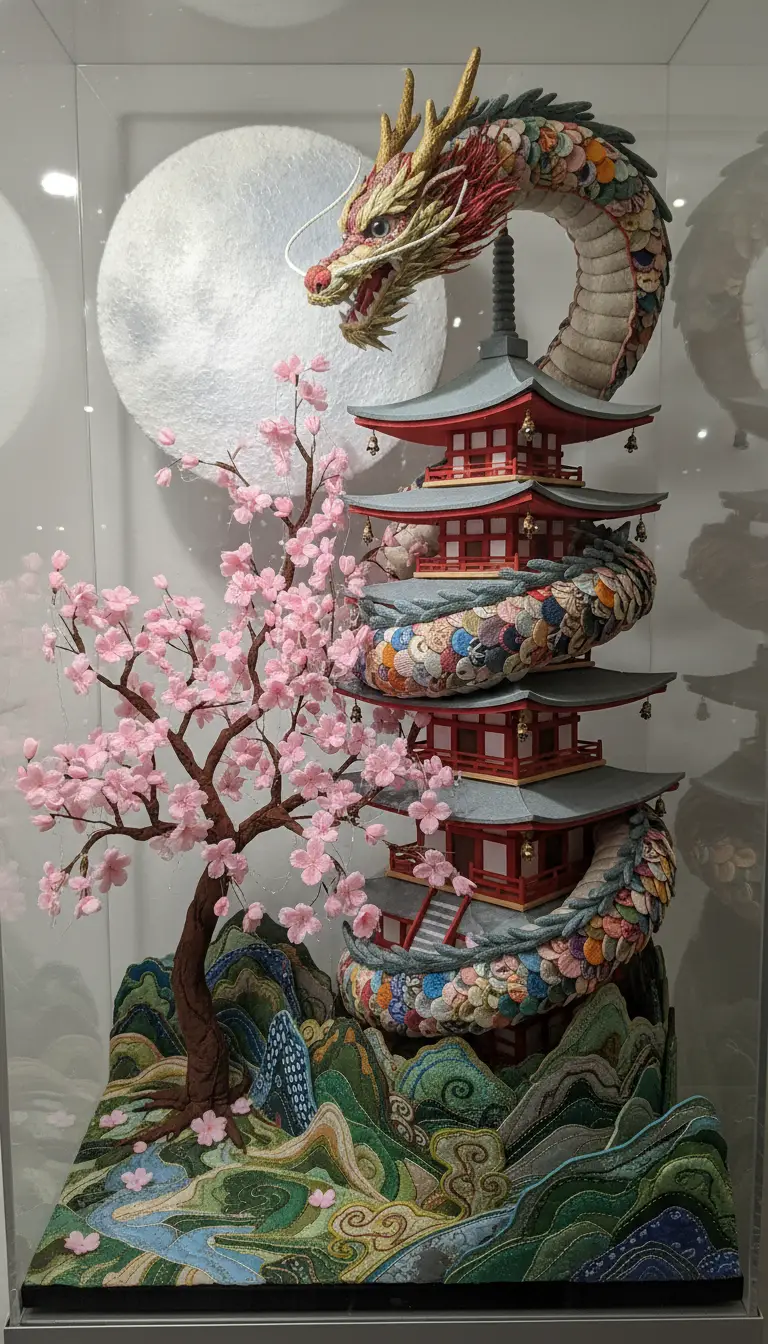 Felt dragon guarding a japanese pagoda under full moon