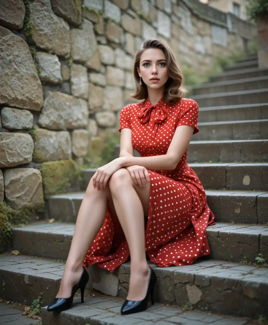 Elegante donna in abito rosso su gradini di pietra ricoperti di muschio