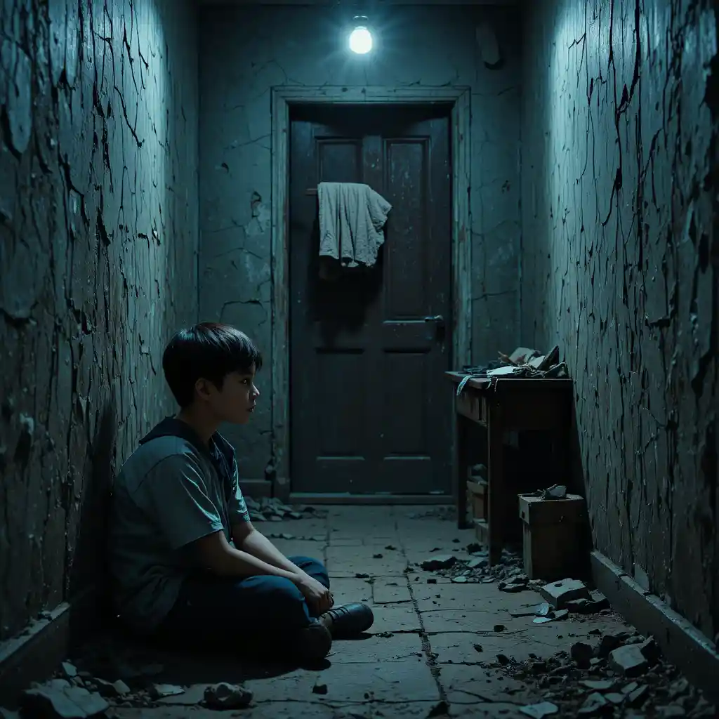 Poor mother and young boy in a small dim house