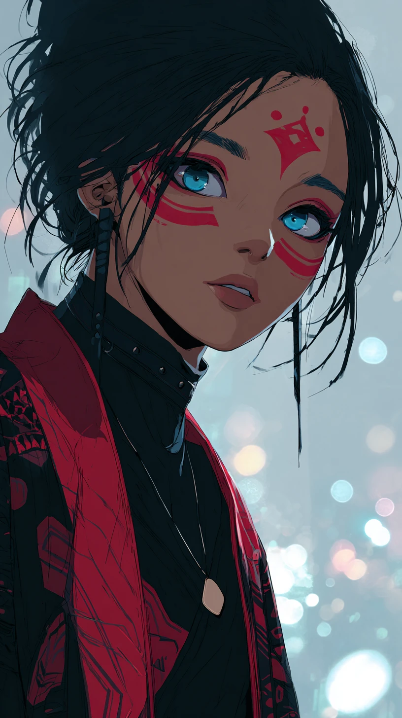Futuristic anime girl with blue eyes and red kimono