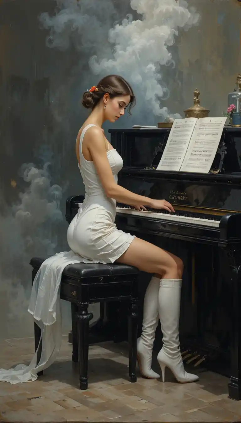 Young woman in white dress playing piano in smoky room
