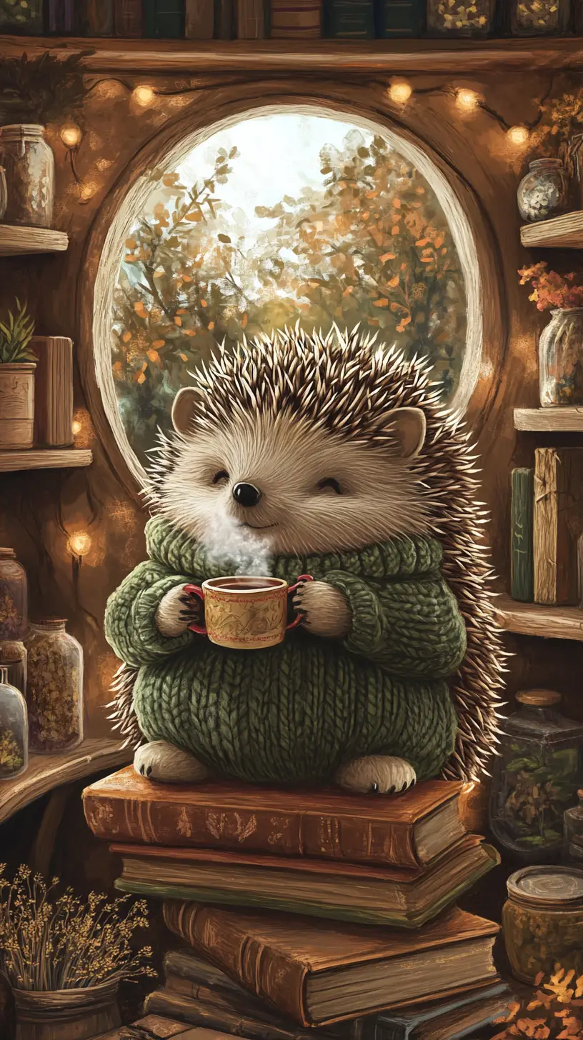 Cute hedgehog with tea on books in a cozy room