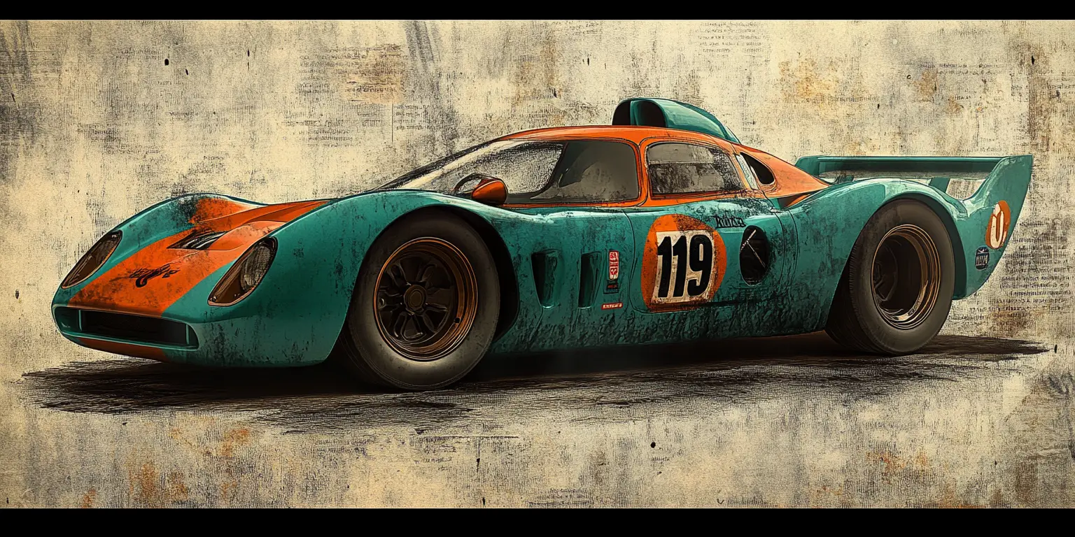 Vintage teal racing car on worn monochrome textured background