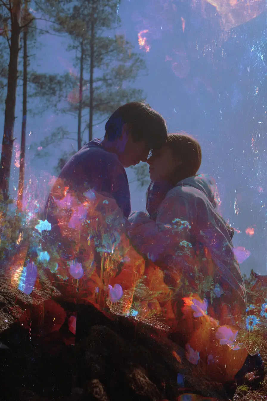 Broken heart in a surreal double exposure landscape