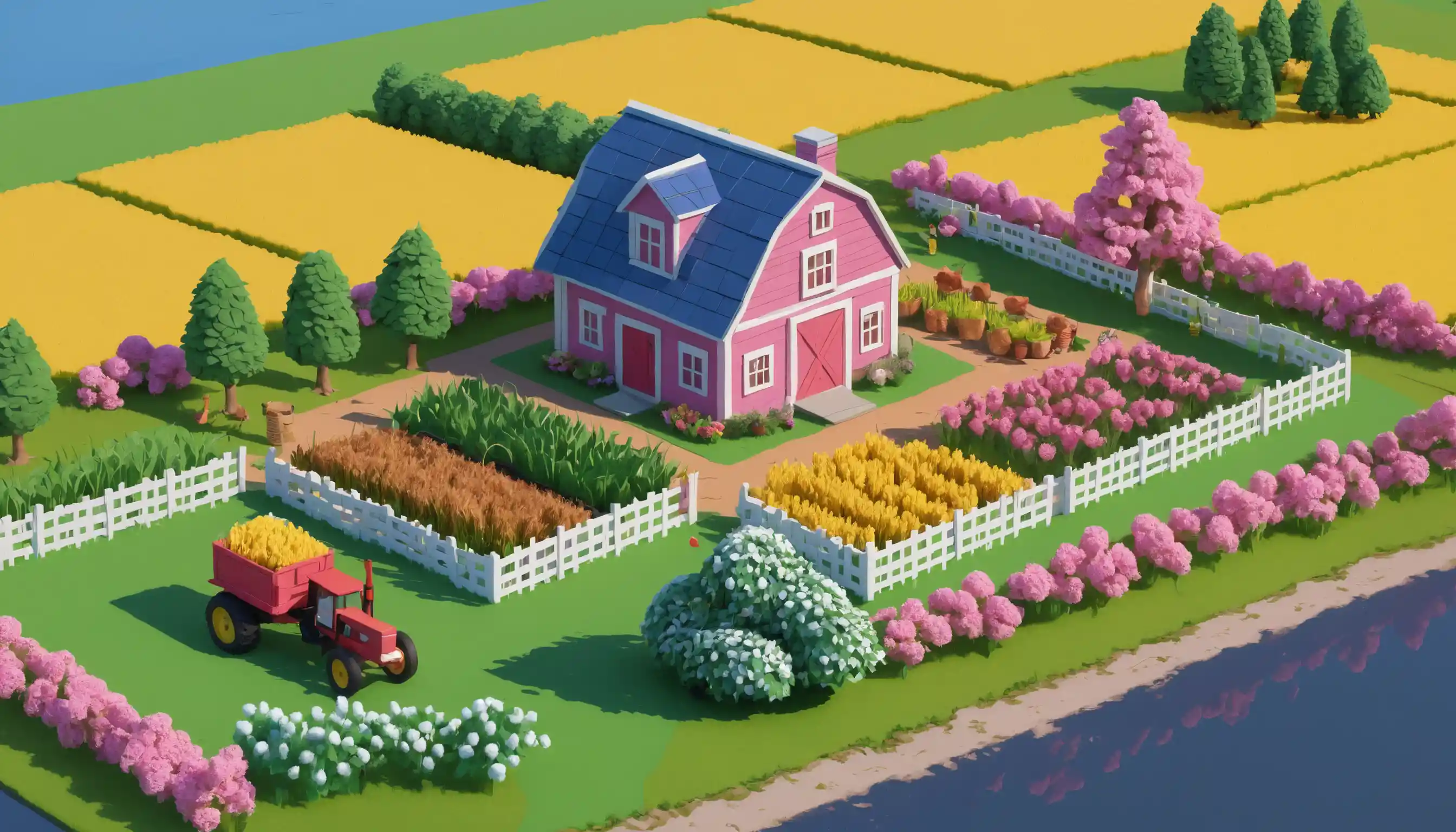 Colorful isometric farm fields with flowers and barn