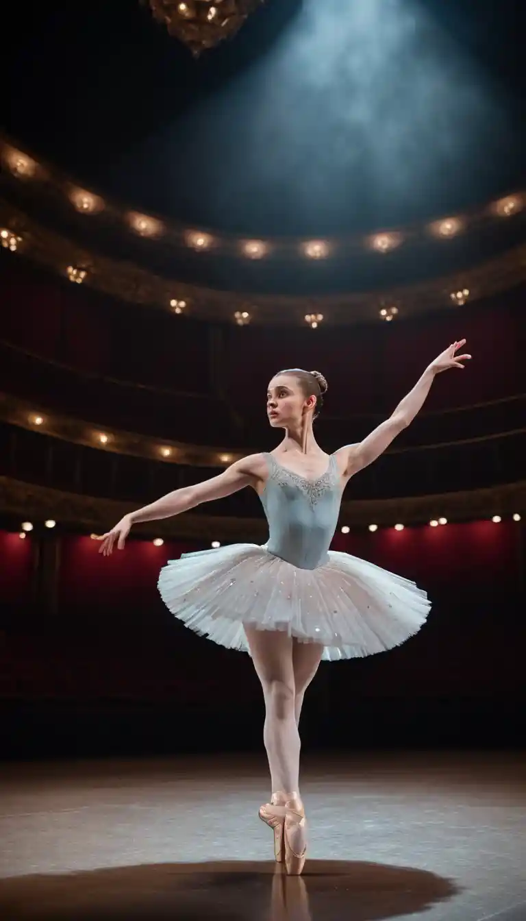 Bailarina con tutú blanco bajo un solitario foco de teatro