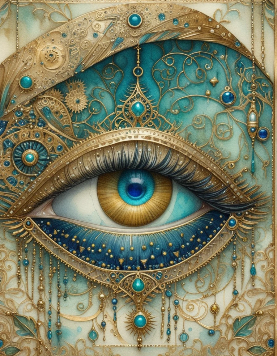 Turquoise human eye with ornate jeweled art nouveau details