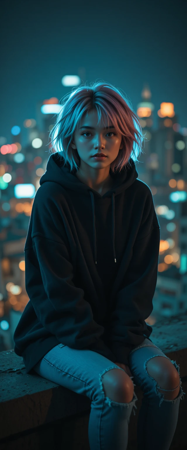 夜晚城市屋頂上的年輕女子人像