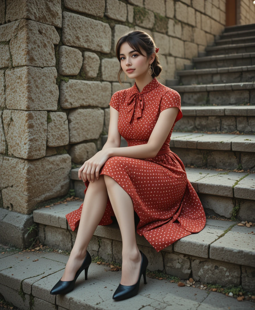 Donna elegante sui gradini di pietra con abito rosso vintage