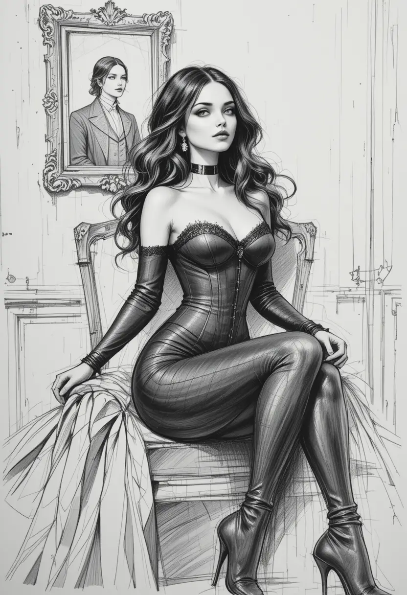 Elegant woman in corset seated in a decayed room