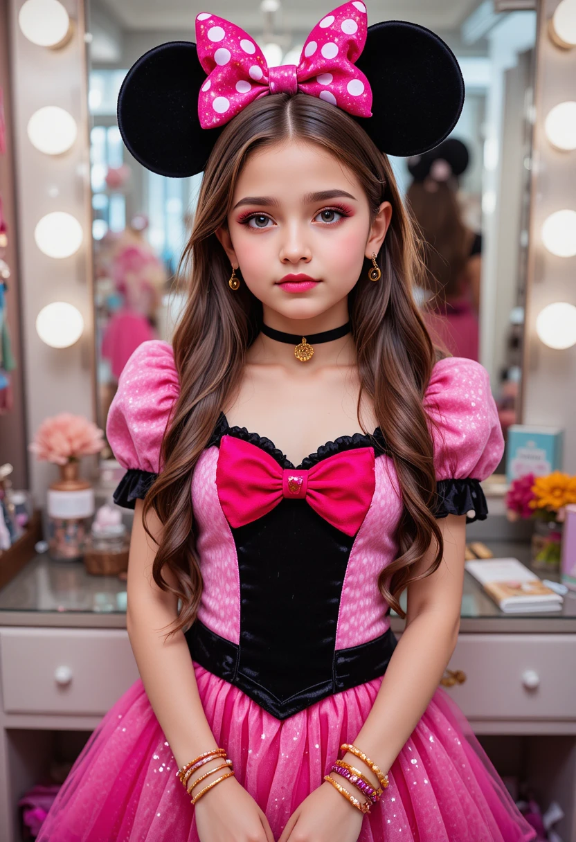 Preadolescente con atuendo inspirado en Minnie frente a tocador boutique