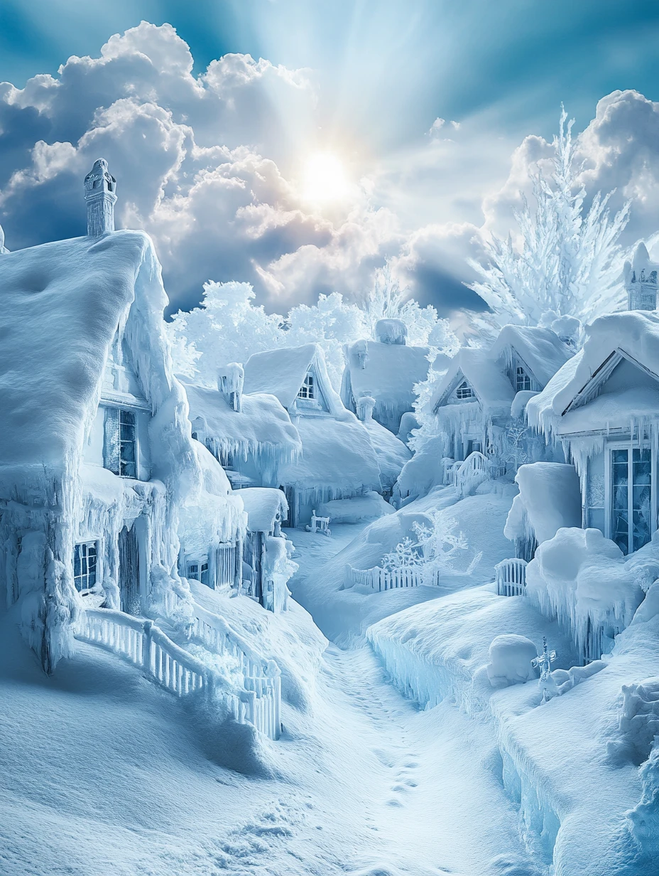 柔らかな陽光に照らされた夢幻的な雪と氷の郊外の街