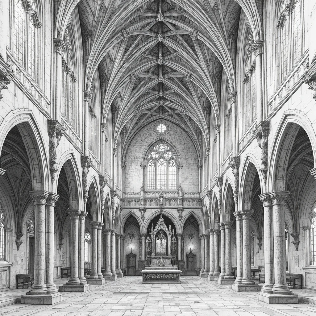 Gothic monastery interior in detailed graphite overhead drawing