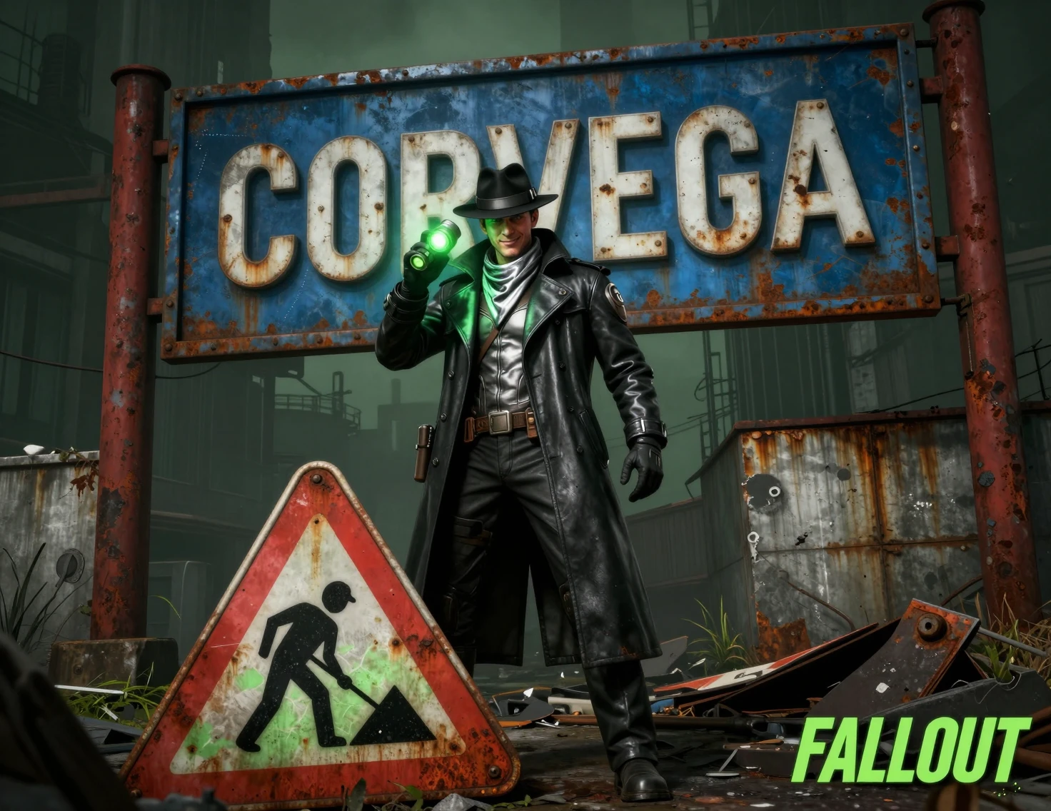 Sci fi detective in front of rusted industrial corvega sign