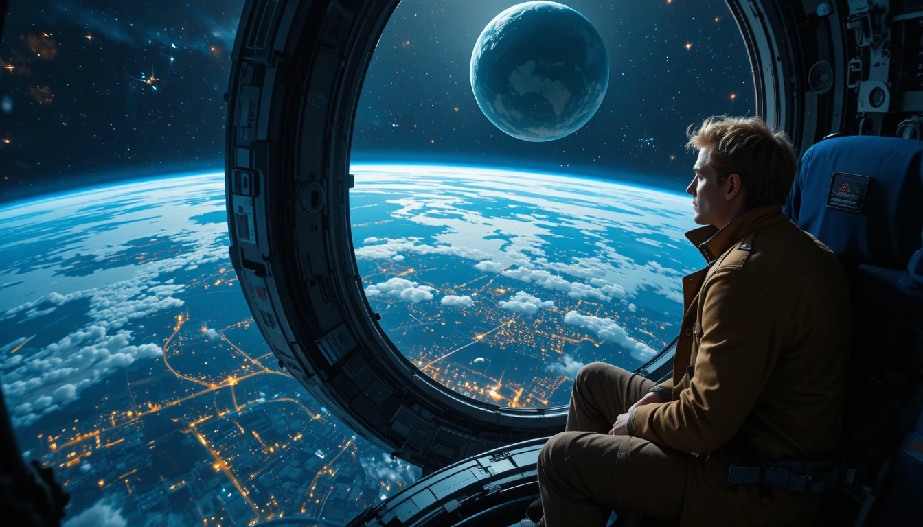 Solitary astronaut gazing at Earth from a space station window