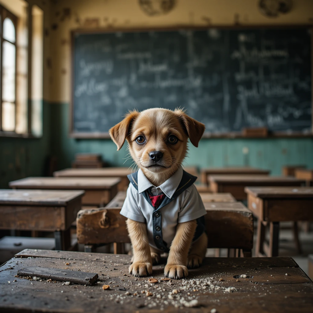 Cachorro triste con uniforme escolar gastado en un aula polvorienta