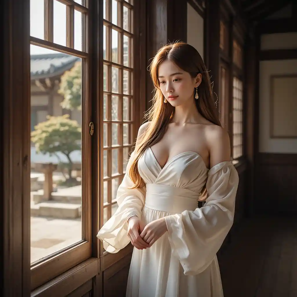 Mujer coreana tímida con vestido de seda junto a la ventana soleada de un hanok